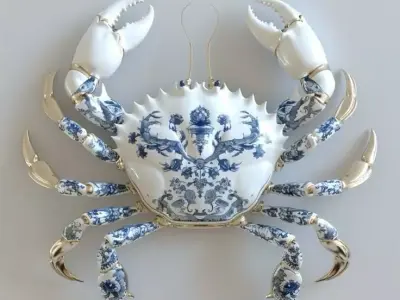 Blue and White Porcelain Crab 3D Elegant Ceramic Animal Art Low-poly 3D model