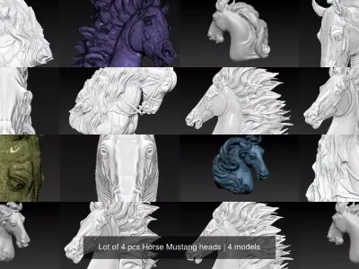 Lot of 4 pcs Horse Mustang heads 3D Model Pack