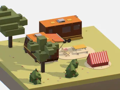 brown tourist van on halt in meadow Low-poly 3D model
