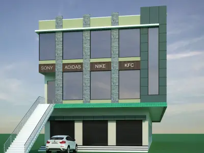 3D Exterior building with stairs and car 3D model