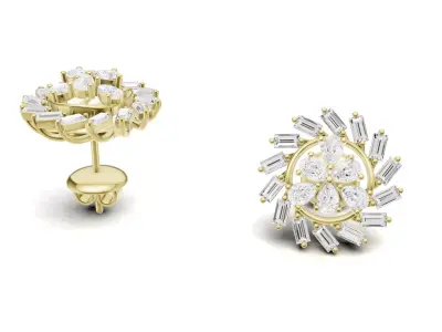 Sunburst Baguette Diamond Stud Earrings With Floral Style 3D print model