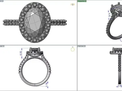 Classic Oval Solitaire With Halo Pave Band Engagement Ring 3dm 3D print model