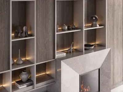 Fireplace with Shelves and Decor 3D model