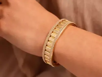 Wide Modular Gold Bangle with Precision Stone Borders 3D print model