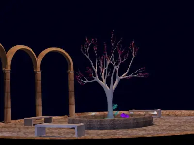 White tree with purple mushrooms with ancient arch composition  Free low-poly 3D model