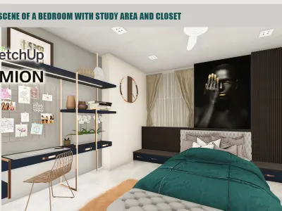 Interior scene of a Bedroom with study area and closet 3D model
