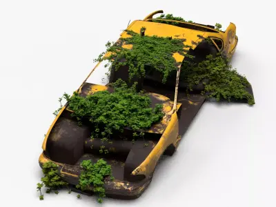 4K realistic low poly abandoned car recycle bin and rock Low-poly 3D model