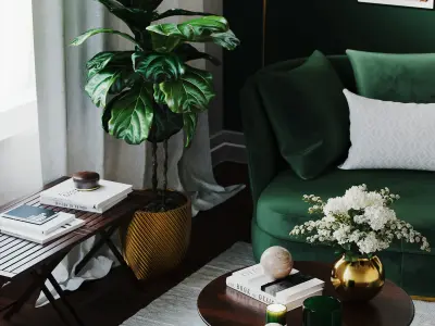 Realistic Interior Living Room with Accessories - Green Posters 3D model