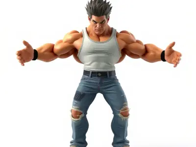 Muscular Fighter Character with Spiky Hair and Tank Top Low-poly 3D model