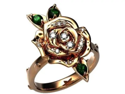 luxury flower rose ring with leaves and stones 3D print model