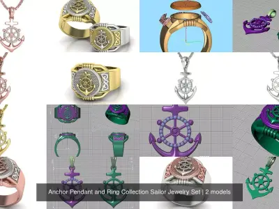 Anchor Pendant and Ring Collection Sailor Jewelry Set 3D Model Pack
