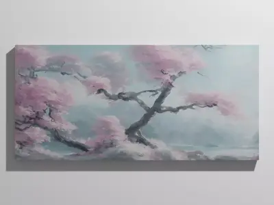 Cherry Trees next to a River Painting Low-poly 3D model