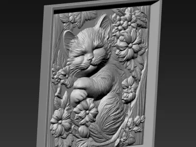 Sleeping Kitten and Flowers A70 3D print model