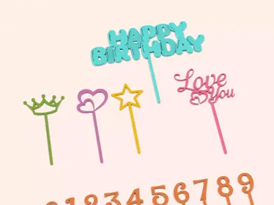 3D Cake Toppers Set - 15 pcs Bundle Happy Birthday Cake Toppers 3D print model