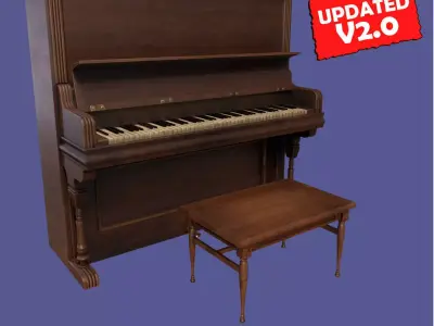 Old victorian wooden upright piano low poly -UPDATED Low-poly 3D model