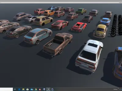 Pack Of wrecked rusted Low Poly 25 Sports Cars and 25 Rims Low-poly 3D model