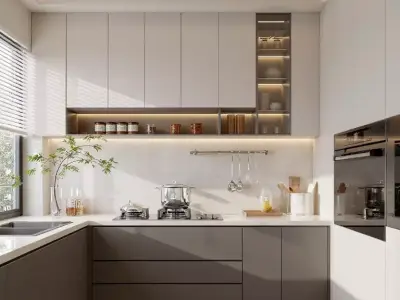 Luxury Minimalist Shaped Kitchen High-End 3D Interior Model 3D model