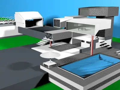 villa modern house in middle of field Free low-poly 3D model