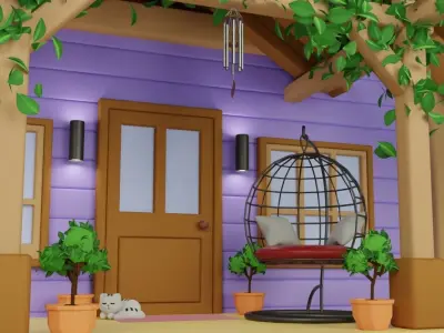 Low Poly House with Garden and Porch Low-poly 3D model