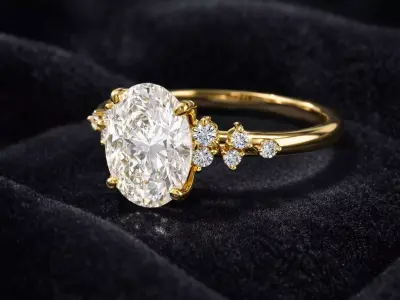 Oval Engagement Ring with Asymmetric Cluster Accents 3D print model