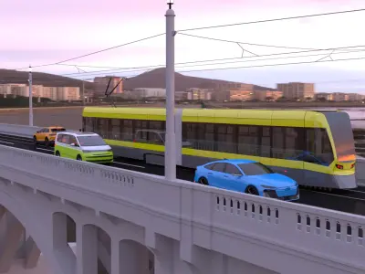 Stadler tram Audi VW and Skoda on bridge 3D model