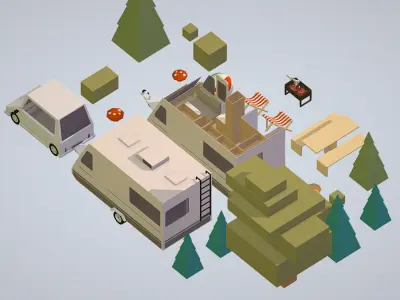 isometric camping van car parked with barbecue Low-poly 3D model
