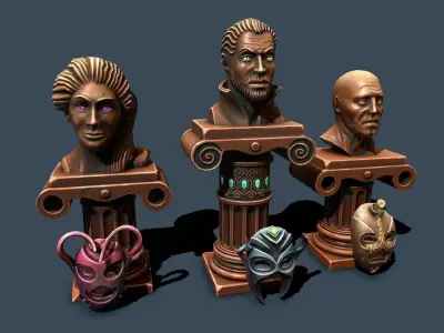 Pedestals with masks Low-poly 3D model