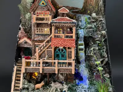 Handmade Alpine Watermill Cabin  Detailed Rural Diorama PBR Low-poly 3D model