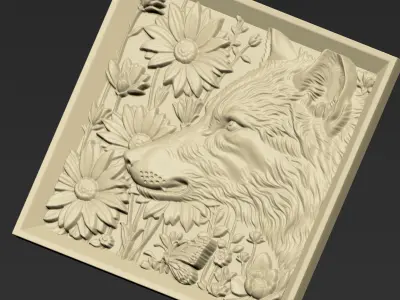 Wolf Head and Flowers A47 3D print model