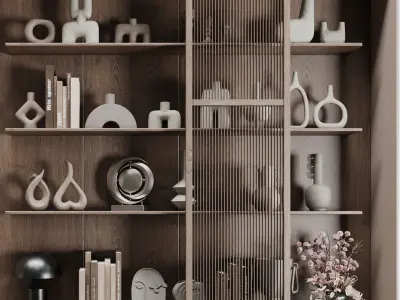 Wooden Shelves Decorative With Plants and Book - Wooden Rack 33 3D model