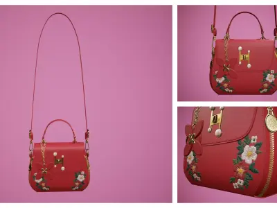 Flower red handbag with flower embroidery  Low-poly 3D model