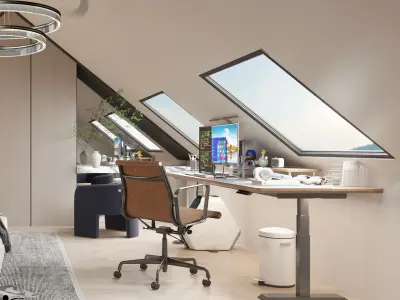 Upstairs Bedroom Interior Scene Cozy Stylish Design 3D model