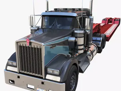 Kenworth W900L lowboy semitruck Low-poly 3D model