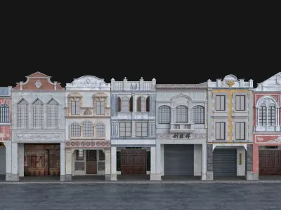 Chinese arcade streets shophouse Buildings kit 3D model
