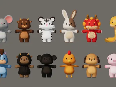 Rigged Cartoon Animals Collection Pack-001 Low-poly 3D model