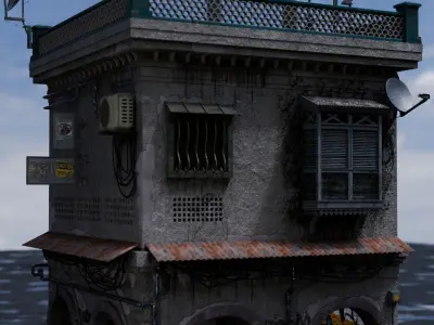 dilapidated two-story building 3D model