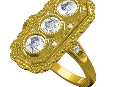 Three Diamond Art Deco Ring 3D print model