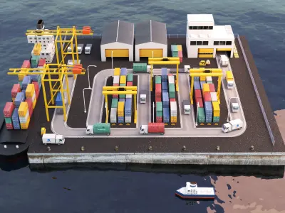 Realistic isometric cargo port scene Free low-poly 3D model