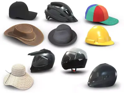 10 Hats and Helmets Low Poly PBR Realistic Collection 3D Model Pack