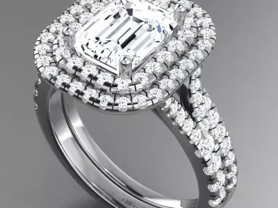 Luxury Gold Engagement Ring Set With Double Halo Diamonds 3D print model