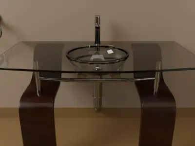 Modern Glass Wash Basin with Wooden Stand 3D model