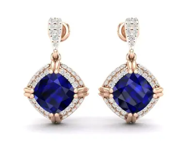 AV 551 Cushion Cut and Round Diamond Ladies Halo Drop Earrings 3D print model