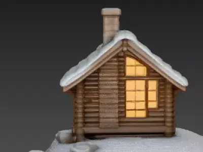 Winter Cabin on Snow Hill 3D Scene Model Cozy Christmas  Low-poly 3D model
