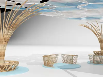 wooden seating with roof and pagoda01 3D model