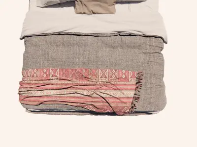 Double Bed with Pillows and Blanket - Modern Fabric and Wood 3D model
