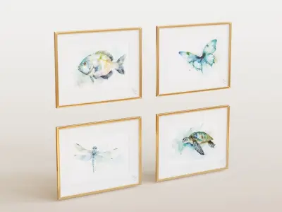 Set of watercolor paintings in frames 3D model