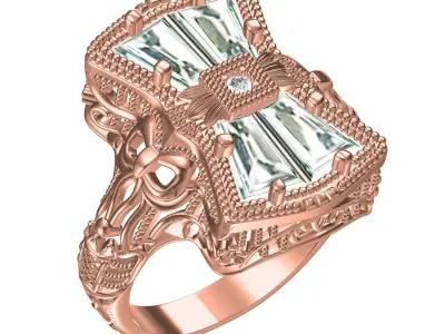 Antique Round and Baguette Diamond Filigree Art Deco Ring 3D print model