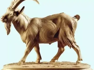 Wooden Goat Sculpture 3D Hand-Carved Animal Art Pedestal Low-poly 3D model