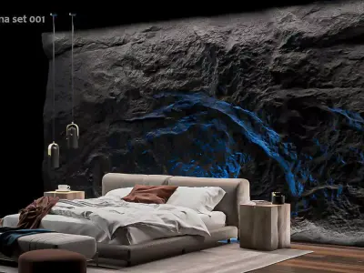 Black Rock Bedroom interior scene Rock Wall Set 001 3D model