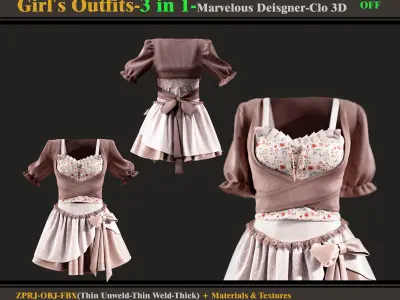 3 in 1 Girl Outfits- MD-Clo3d -OBJ - FBX -Materials-Textures 3D model